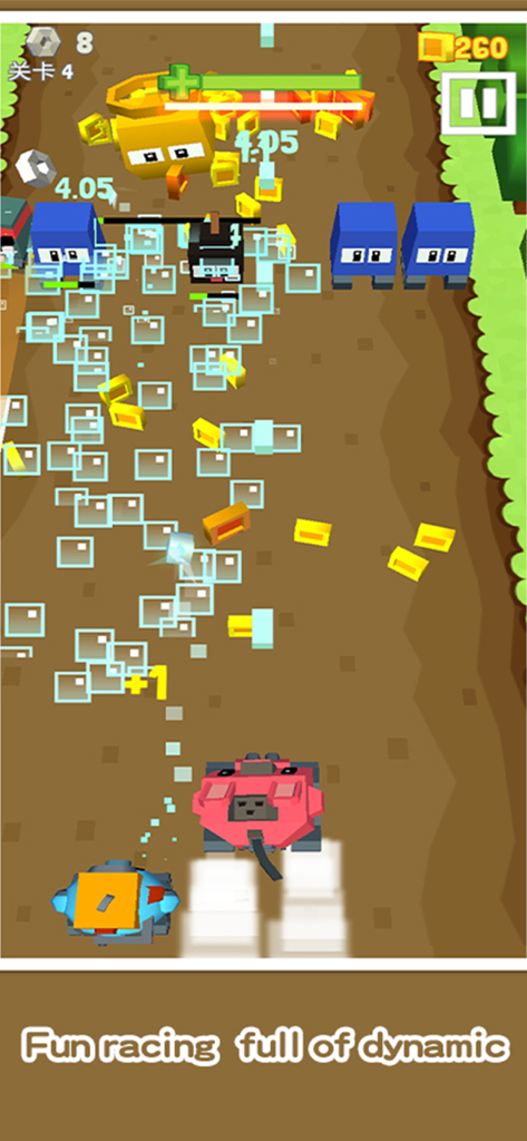 Blocky Craft - A top-down view of blocky voxel tanks racing through a level and collecting gold coins in the Blocky Craft game.
