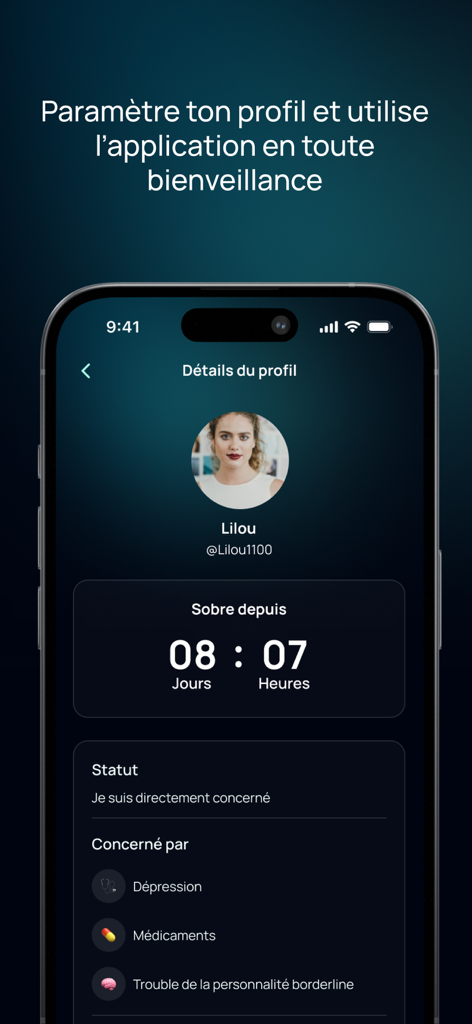 Talkity - Ein Smartphone-Bildschirm, der das Talkity App-Benutzerprofil mit einem Nüchternheitszähler und Tags für die Unterstützung der psychischen Gesundheit anzeigt.