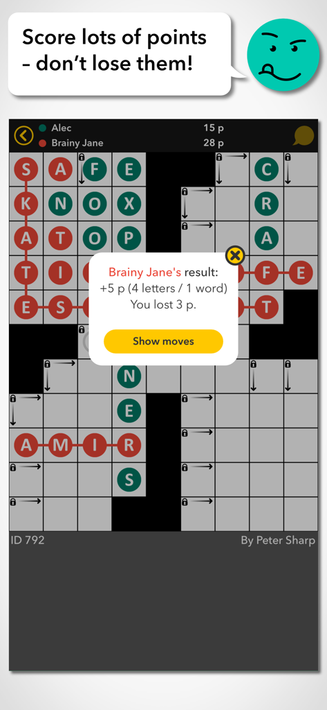 Cross Boss - A competitive turn based crossword match in Cross Boss showing points and player progress