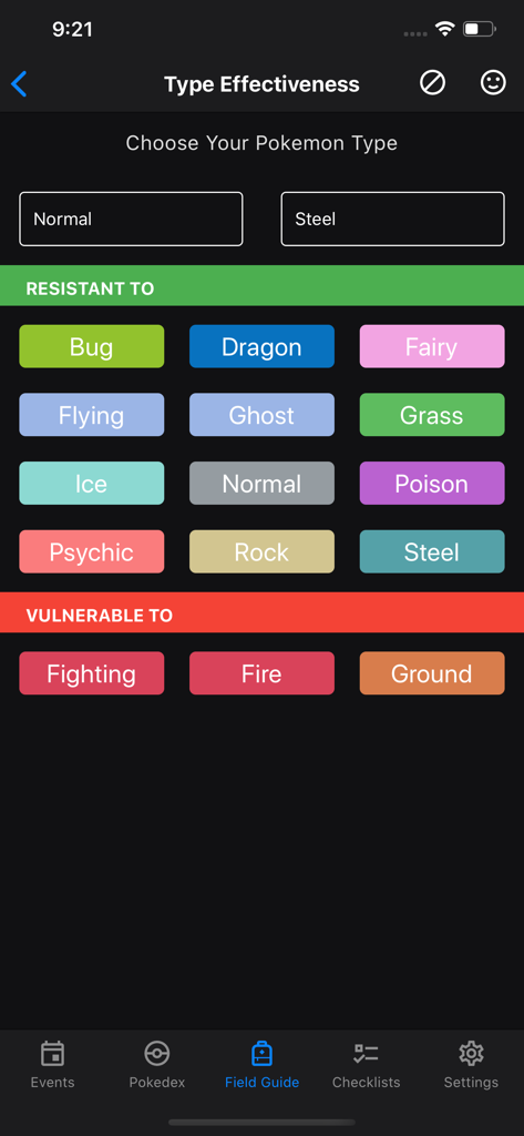 GO Field Guide - Screenshot of the Type Effectiveness tool in the GO Field Guide app showing pokemon resistances and vulnerabilities for Normal and Steel types
