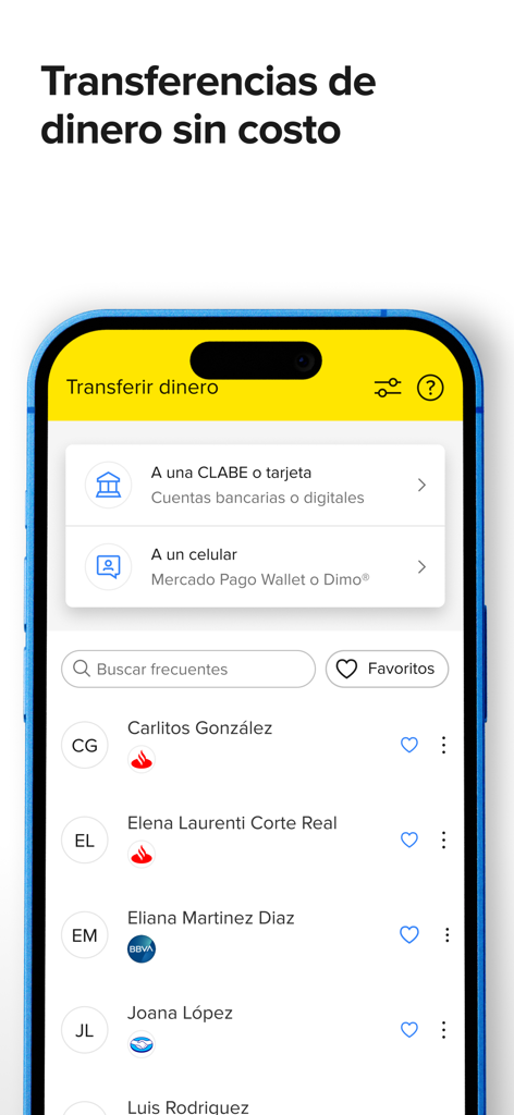 Mercado Pagoモバイルアプリの画面で、無料送金オプションと頻繁な連絡先リストを表示