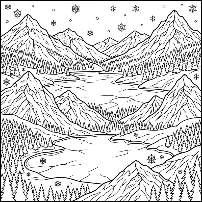 Escape to a breathtaking winter landscape with this intricate coloring page featuring tranquil alpine lakes nestled among snow-dusted mountains and pine forests. Perfect for adults and teens seeking a peaceful artistic challenge, this scene invites you to bring its serene beauty to life with your favorite colors.