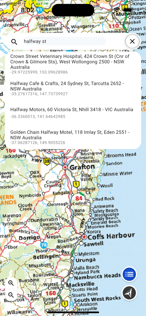 Aus Map - A screenshot of the Aus Map app displaying a detailed map of the Australian coast with search results for addresses.