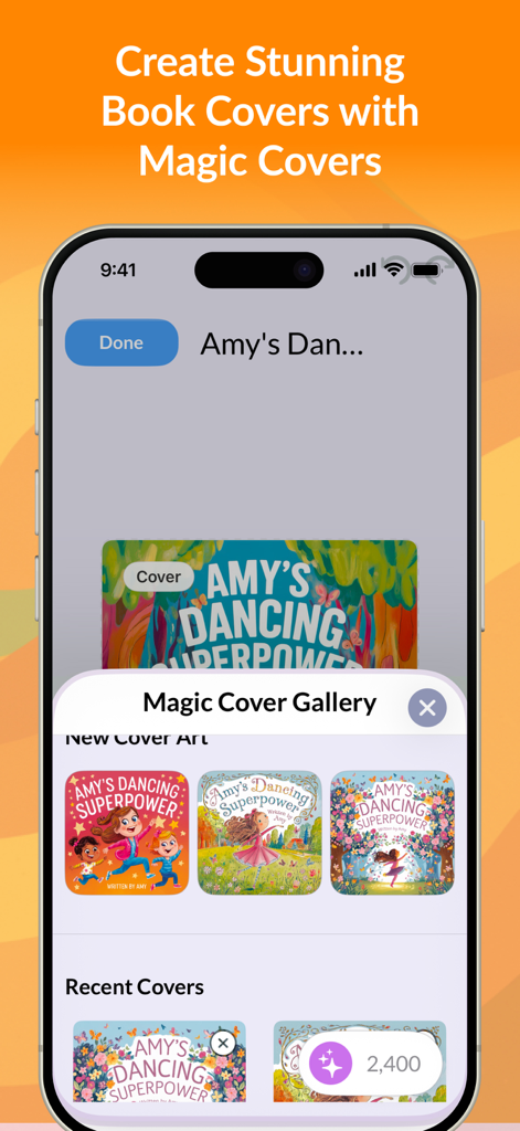 My Story Kids' Storybook Maker - A mobile screen showing the Magic Cover Gallery with various colorful book cover options for a children story titled Amys Dancing Superpower