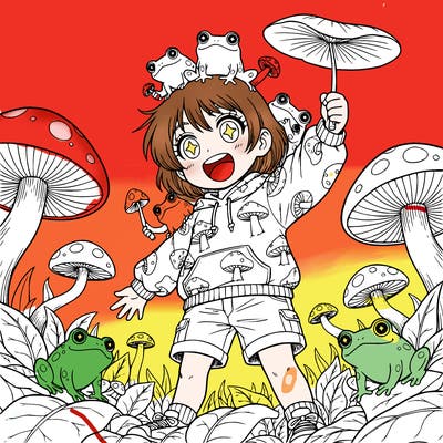 a girl with short hair and mushrooms and frogs lea