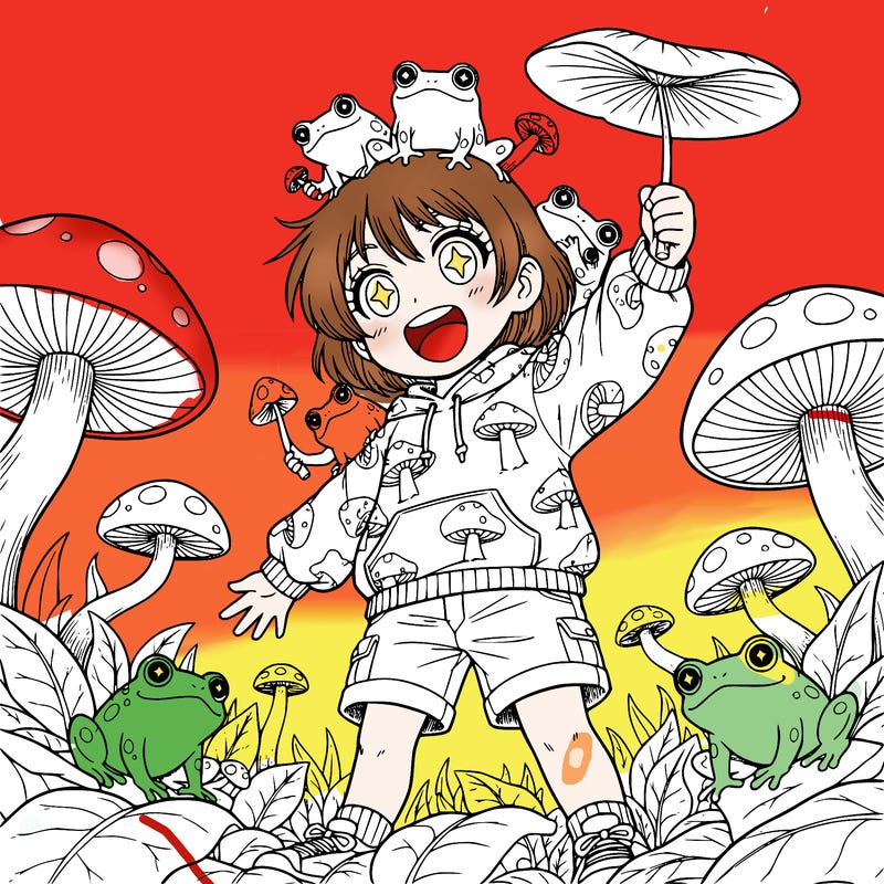 a girl with short hair and mushrooms and frogs lea