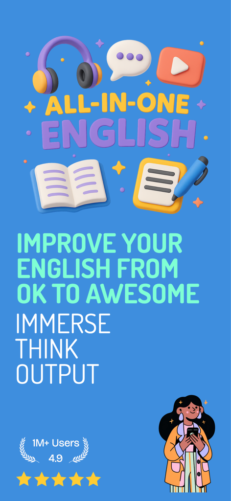Lexioo advanced English learning app promotional screen showing all in one features and high user ratings
