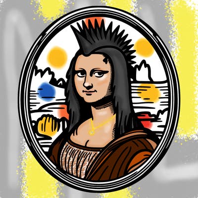 leonardo da vinci's "mona lisa" with punk hairstyle, realistic, thin borders
