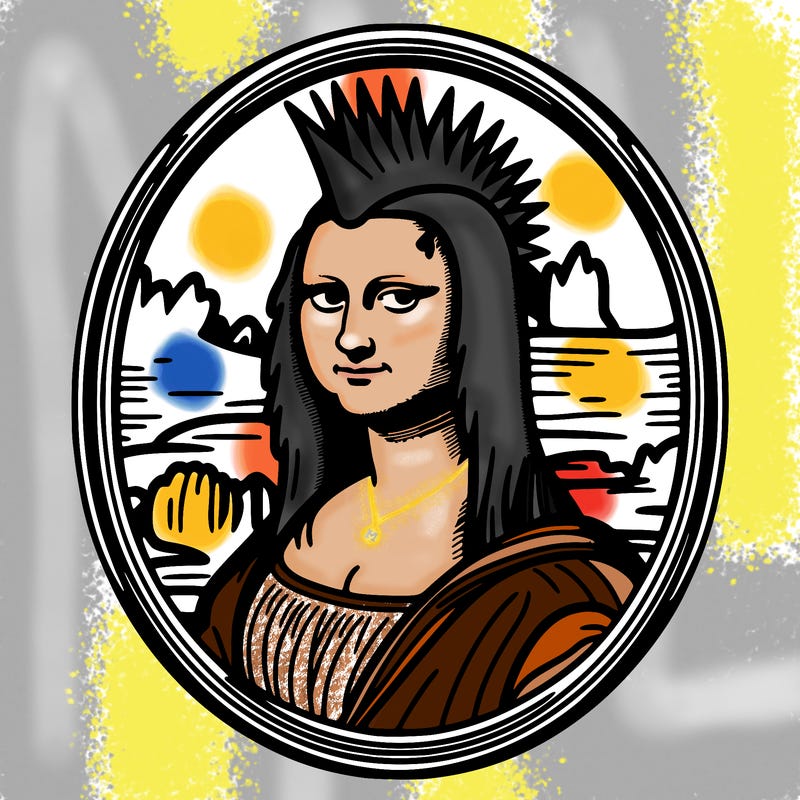 leonardo da vinci's "mona lisa" with punk hairstyle, realistic, thin borders