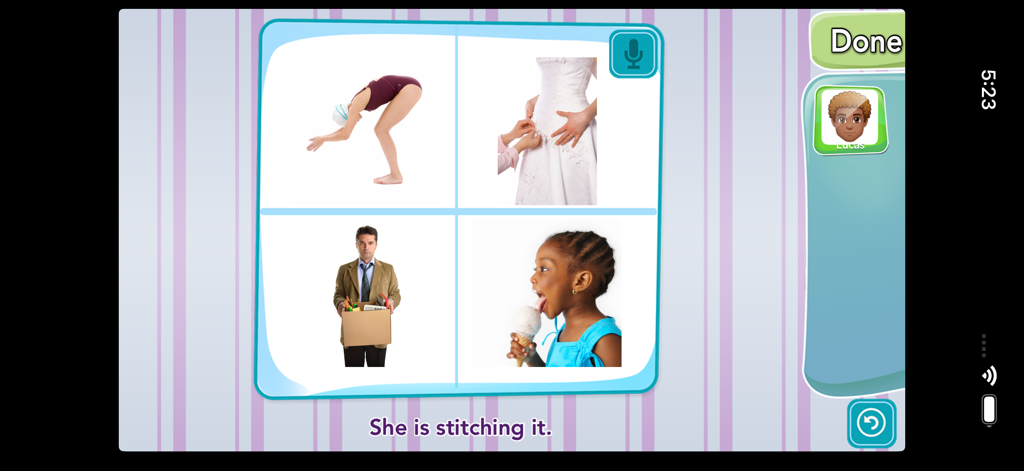 iPractice Verbs - iPractice Verbs app game screen with four pictures and the sentence She is stitching it