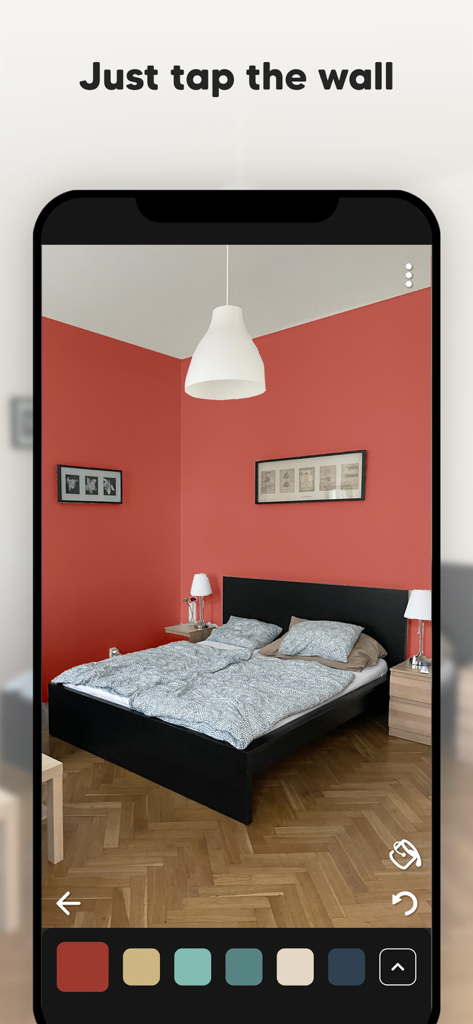 Paint my Room - Color Tester - Mobile app interface showing a bedroom with red walls and a color palette at the bottom