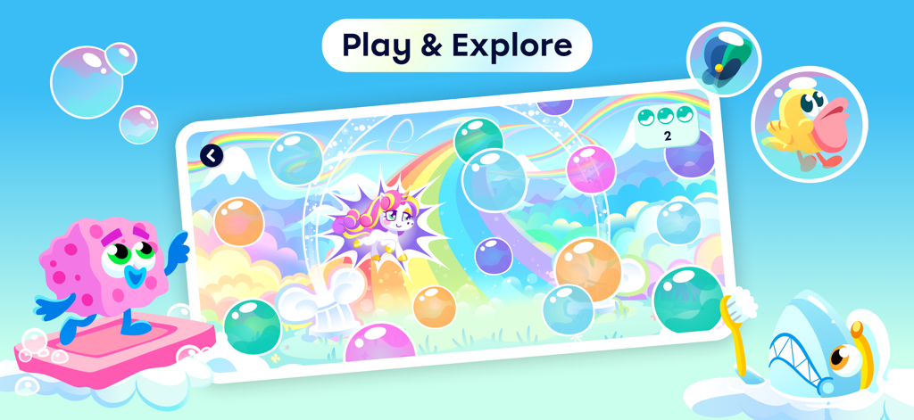 Moshi Play: Games for Kids - 虹色の風景にユニコーンが登場する、Moshi Playのカラフルなバブルポップアクティビティ