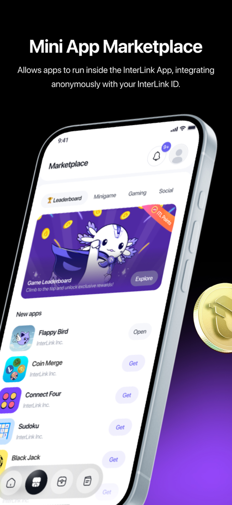 Screenshot of the InterLink Network Mini App Marketplace showing integrated games and social apps.