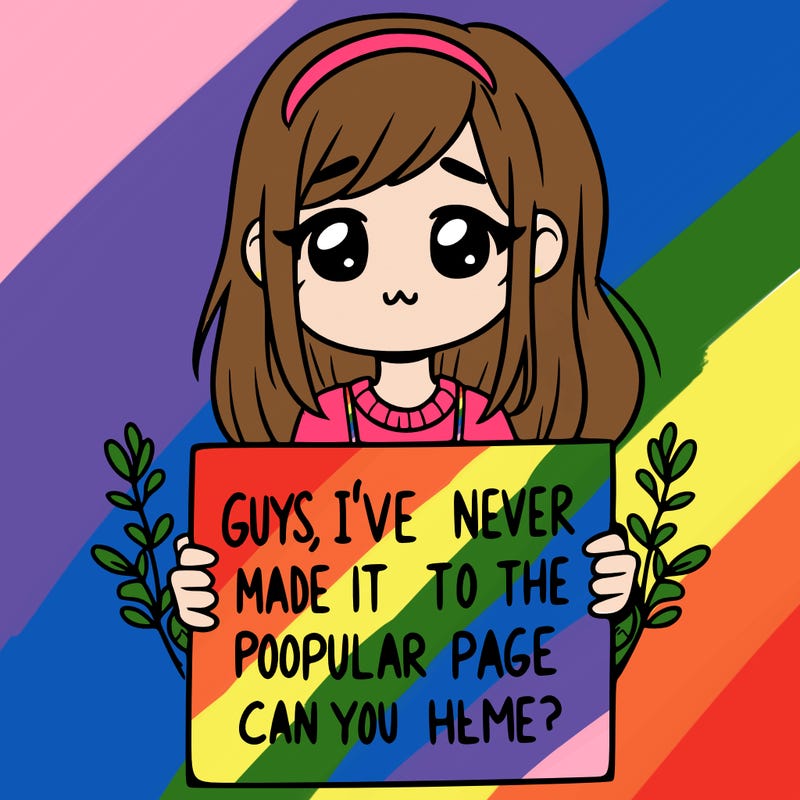 a girl holding up a sign that says, guys, i’ve never made it to the popular page, can you help me?