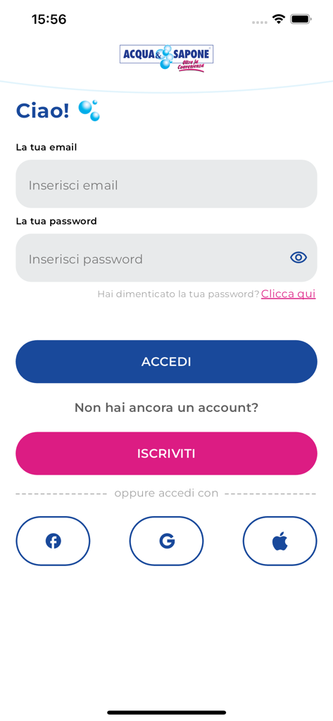 Anmeldebildschirm der Acqua and Sapone Treue-App mit E-Mail- und Passwort-Eingabefeldern sowie Social-Login-Buttons