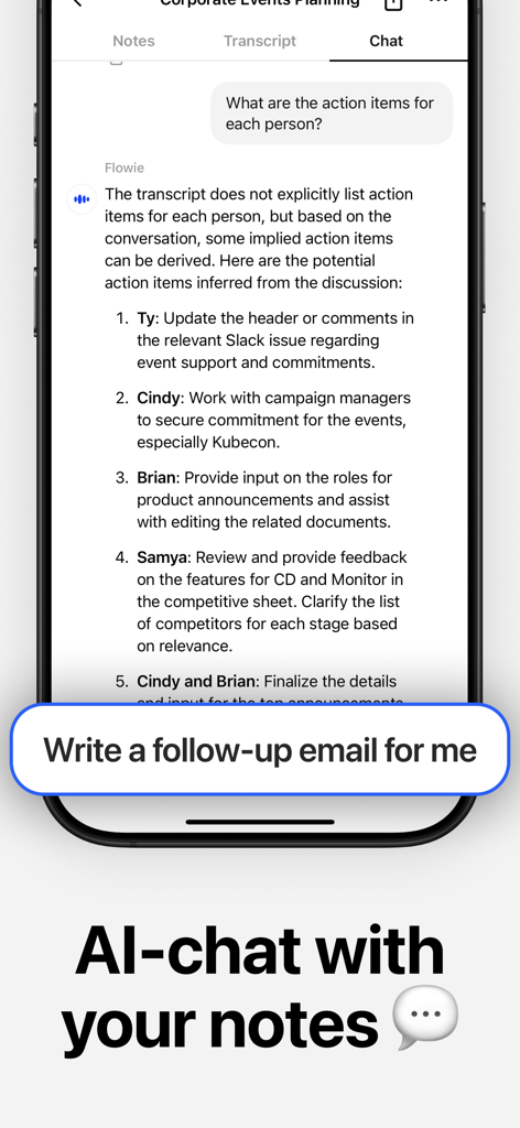 Flownote AI mobile interface showing meeting action items generated through its AI chat feature.