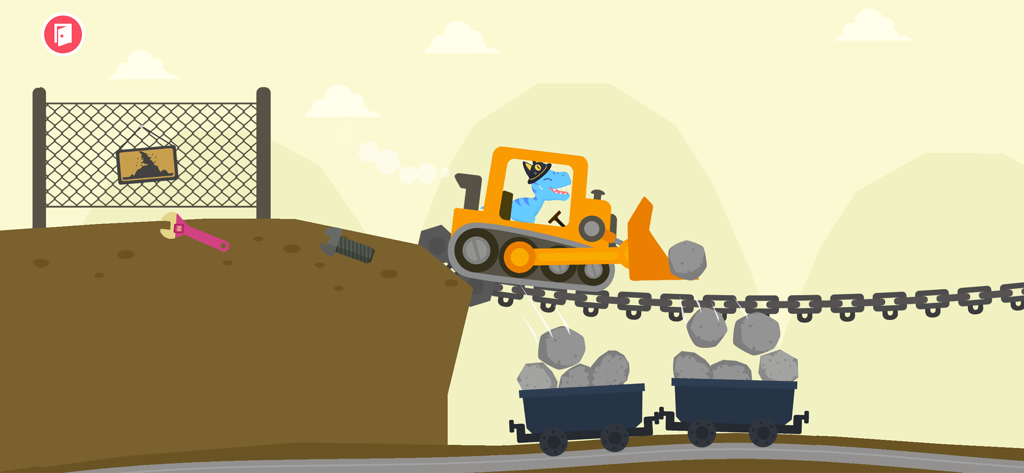 Dinosaur Digger Excavator Game - A blue dinosaur driving a yellow bulldozer to load rocks into train wagons