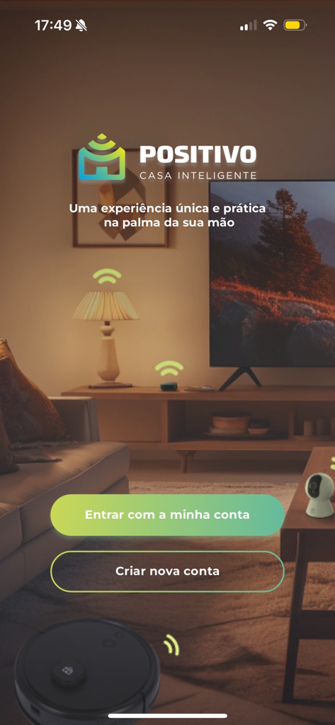 Pantalla de inicio de sesión y creación de cuenta de la aplicación de hogar inteligente Positivo Casa Inteligente