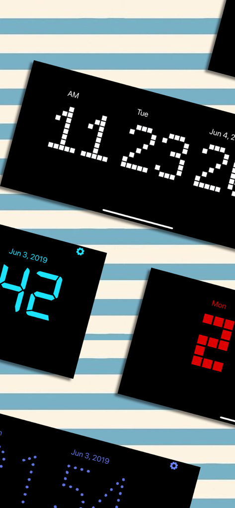 Standby Clock - on Lock Screen - A collection of various digital clock font styles and colors including pixelated, dot matrix, and segmented displays on a striped background.