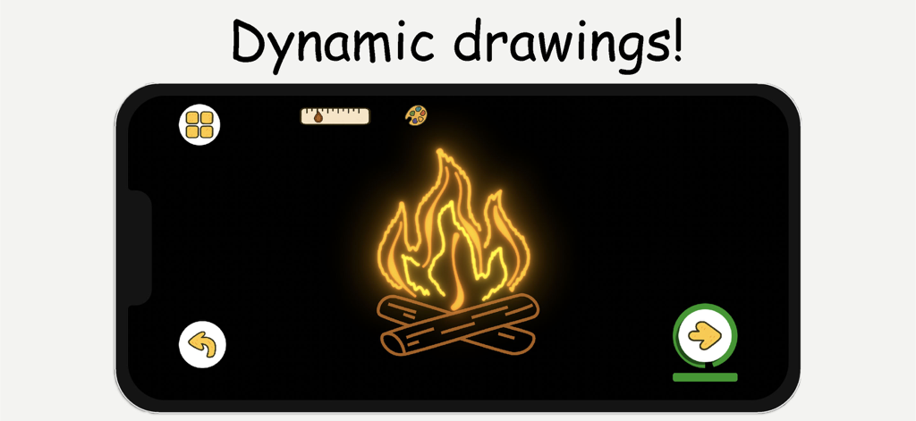 ArtLoop: How To Draw Lessons - Interface de l'application ArtLoop affichant un dessin vibrant de feu de camp au néon lumineux