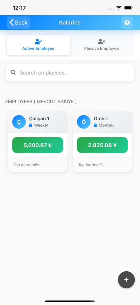 Mobile app screen showing employee salary management with active staff list and payment balances