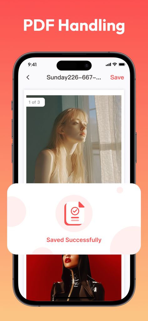 Tela do iPhone mostrando a interface do aplicativo Flexi PDF com uma mensagem de confirmação Salvo com Sucesso