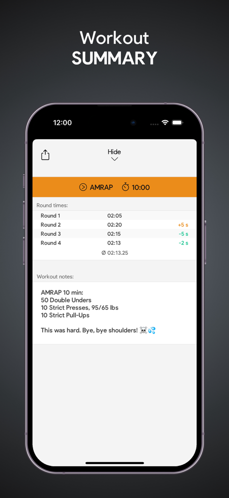 SmartWOD Timer - WOD Clock - Schermata riassuntiva dell'allenamento che mostra tempi dei round e note per una sessione di allenamento AMRAP