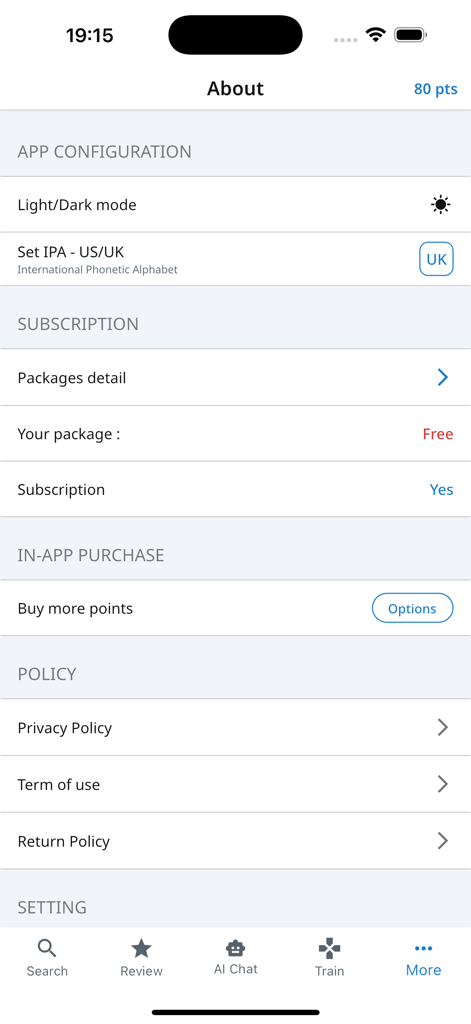 Thai Fast Dictionary - The settings and configuration screen of the Thai Fast Dictionary app showing subscription details and user policies.