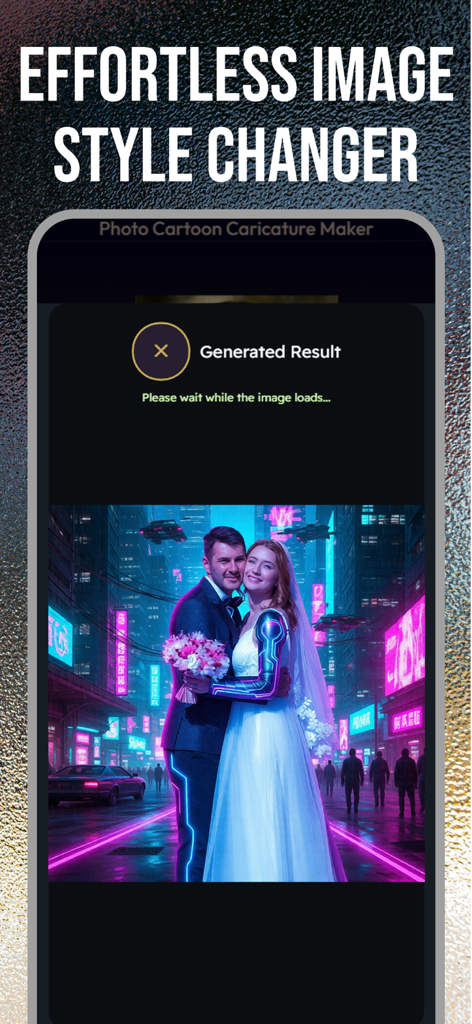 Caricature Maker - Toon Me Art - A wedding photo transformed into a futuristic cyberpunk style with neon lights using AI photo editing