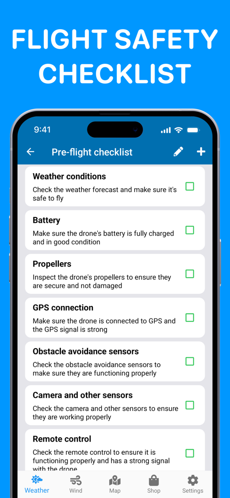 Drone Forecast. UAV Air map - Drone pre-flight safety checklist showing weather, battery, and propeller verification items on a mobile app interface