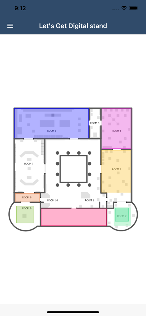 Digital floor plan of the event venue showing numbered and color coded rooms.