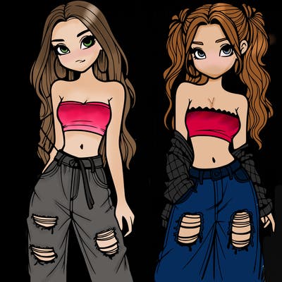 2 girls in crop tops and baggy jeans ripped