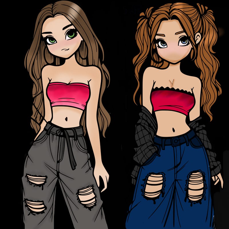 2 girls in crop tops and baggy jeans ripped
