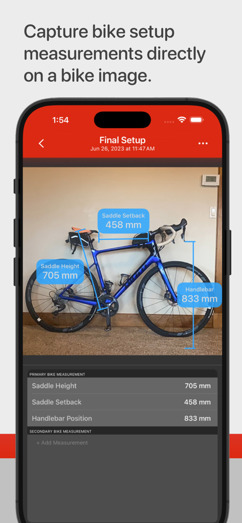 Bike Fast Fit Elite app displaying saddle height and handlebar position measurements on a road bike image.