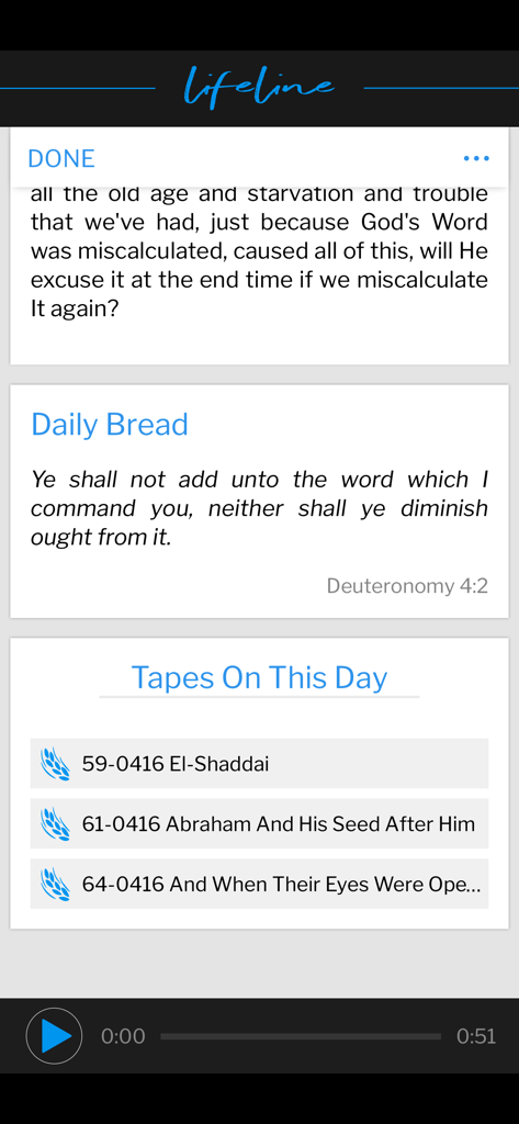 VGR Lifeline app interface featuring the Daily Bread scripture and a list of available audio sermons