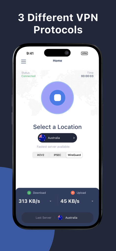 VPN - SuperX Unlimited Proxy - Interface de l'application VPN SuperX montrant un statut de connexion à l'Australie à l'aide du protocole WireGuard avec des statistiques de vitesse en direct