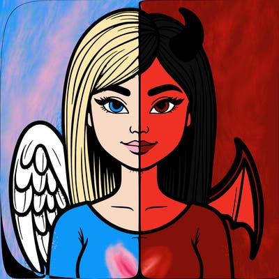 realistic split one half angel girl and the other half devil girl