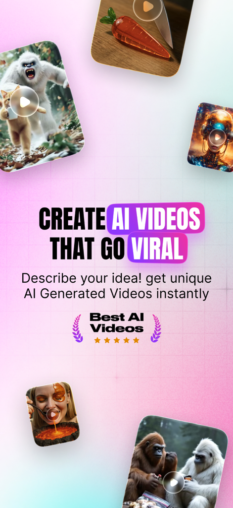 AIVidly - AI Video Maker - Eine Werbeanzeige für die AIVidly-App mit dem Text Erstelle KI-Videos, die viral gehen, umgeben von verschiedenen KI-generierten Videoclips.