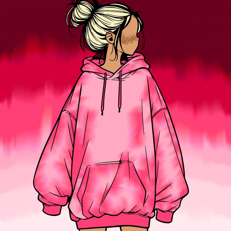 realistic girl with a oversized sweatshirt on and a bun