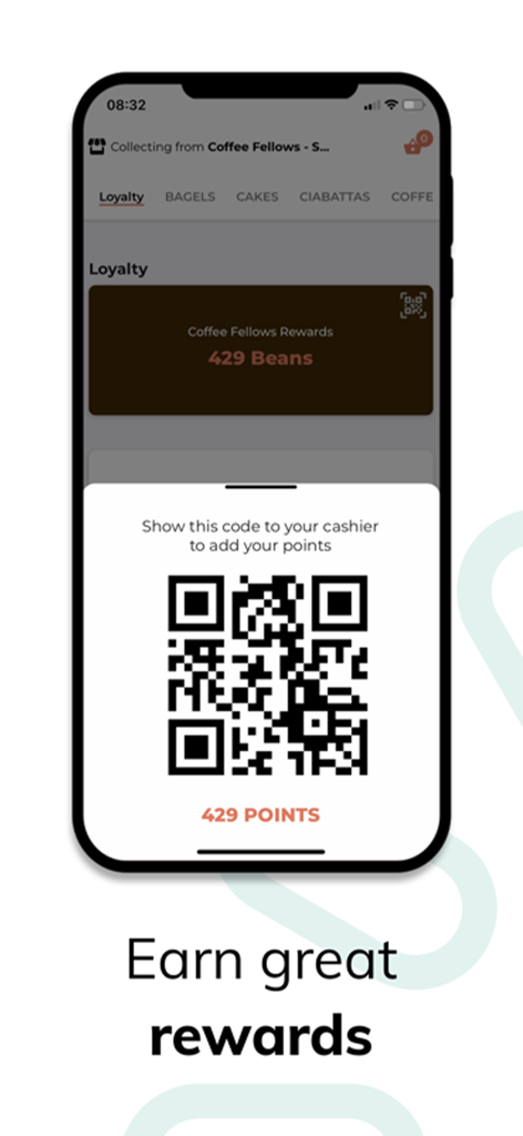 Smartphone screen showing the Coffee Fellows Malta loyalty program with a QR code and earned reward points.