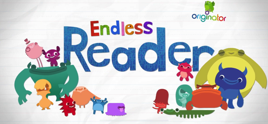 Pantalla de título de Endless Reader School Edition con monstruos coloridos y el logo de Originator.