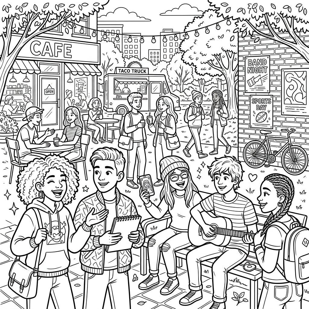 Youth Groups Coloring Page - Complex Full Scene Fun — Color Pop