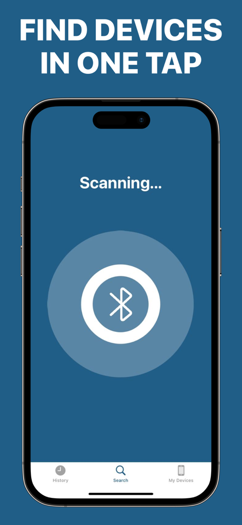 Interfaz de Find Air App mostrando un escaneo de dispositivos Bluetooth en progreso en un iPhone
