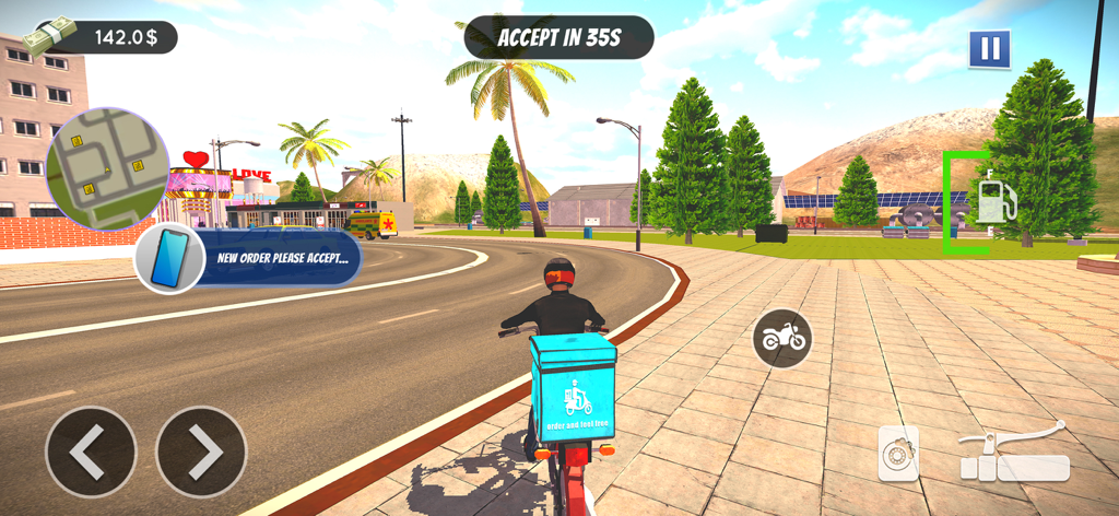 Gameplay of Food Delivery Guy Simulator 3D showing a rider on a scooter accepting a new delivery order in a 3D city environment.