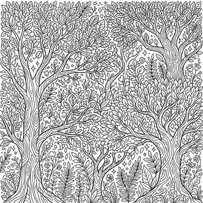 Immerse yourself in the tranquility of nature with this detailed tree line art coloring page. Featuring a dense arrangement of branches, leaves, and forest elements, it offers a captivating artistic challenge for all ages.