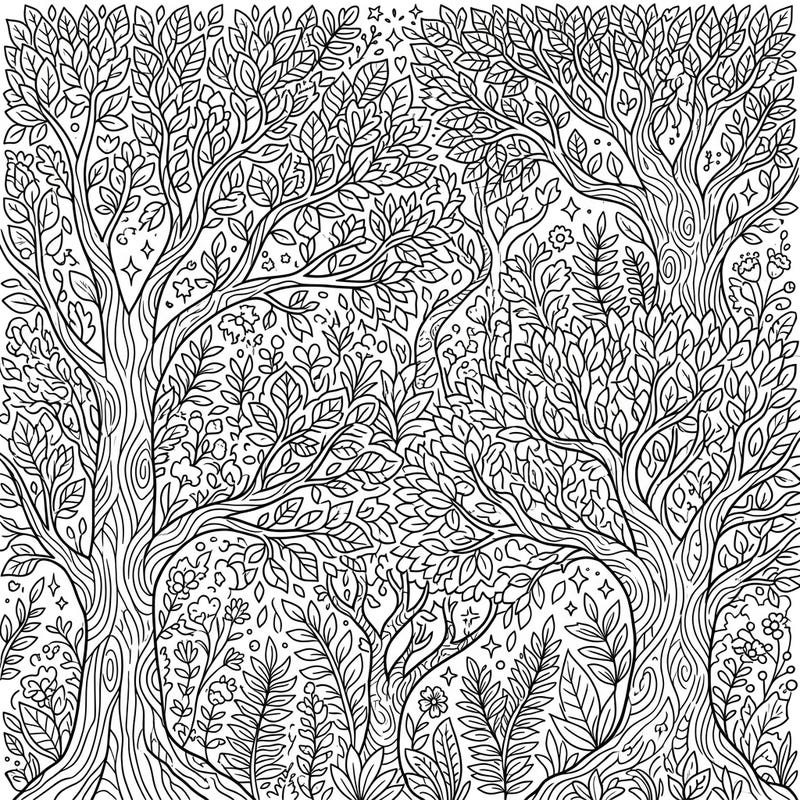 Immerse yourself in the tranquility of nature with this detailed tree line art coloring page. Featuring a dense arrangement of branches, leaves, and forest elements, it offers a captivating artistic challenge for all ages.