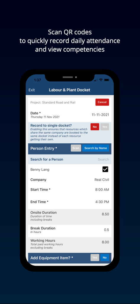 Interface of SYNCHRO Perform app showing a labour and plant docket for construction site attendance tracking