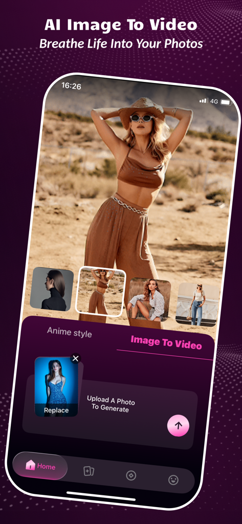 Vexoai app interface showing the AI image to video generation feature with a photo of a woman in a desert.