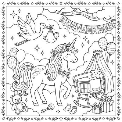 Prepare for a magical new arrival with this adorable Unicorn Baby Shower coloring page. Join a graceful unicorn and charming baby items in a scene full of anticipation and joy, perfect for celebrating new life.