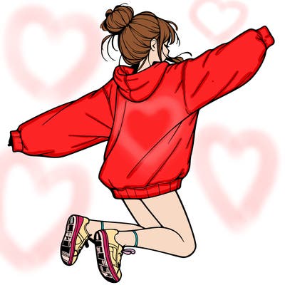 realistic girl jumping with a bun and oversized sweatshirt